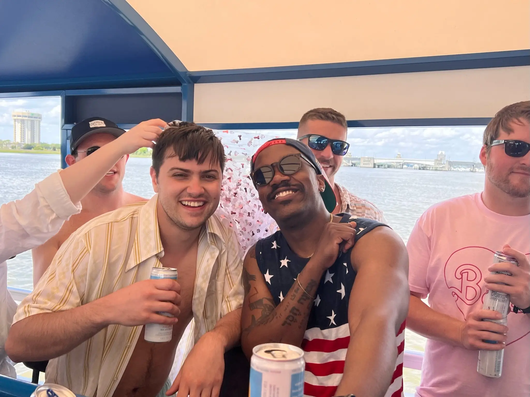 Guys having fun on a Charleston bachelor booze cruise
