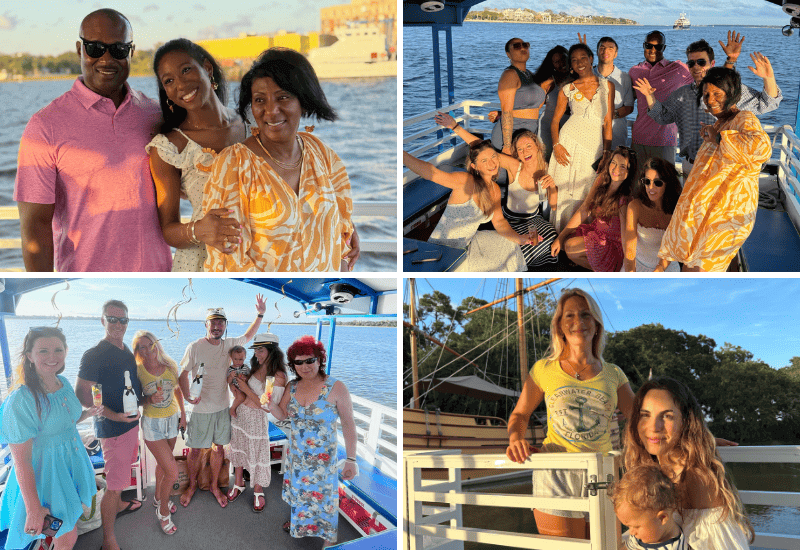 Happy families and moms celebrating birthdays on a Charleston party boat