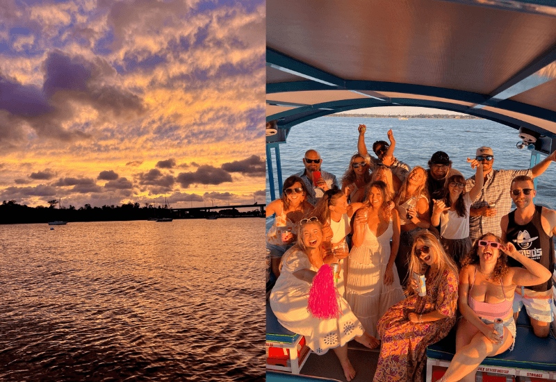 Sunset over Charleston Harbor and friends on Harbor Bar boat