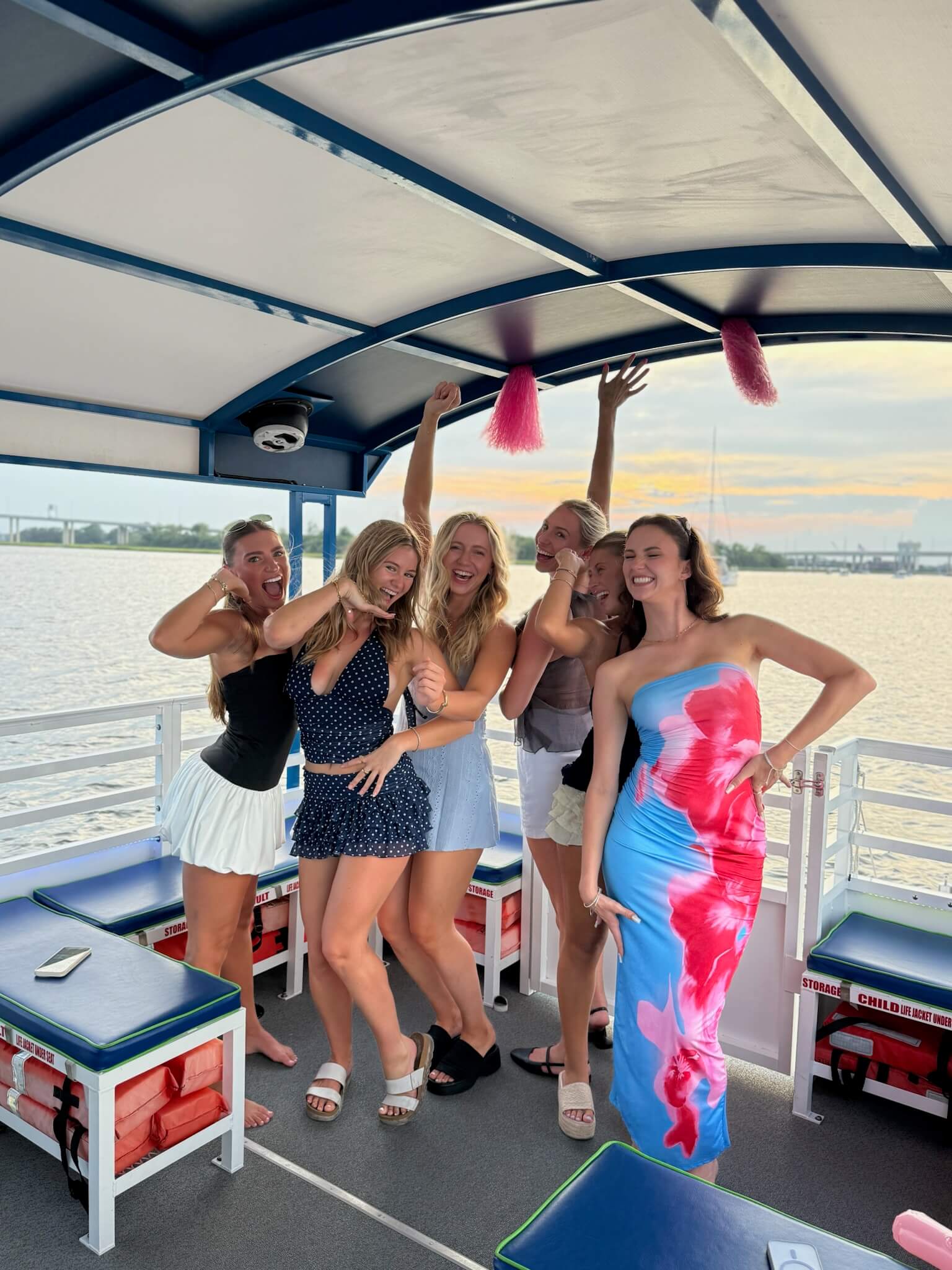 Charleston Booze Cruise guests enjoying a Harbor Bar party boat tour in Charleston Harbor