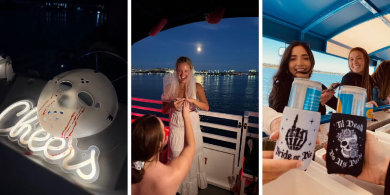 Collage of Halloween booze cruise moments on the Harbor Bar party boat in Charleston: a neon Cheers sign with a hockey mask, a guest dancing at night on the water, and friends holding drinks on deck